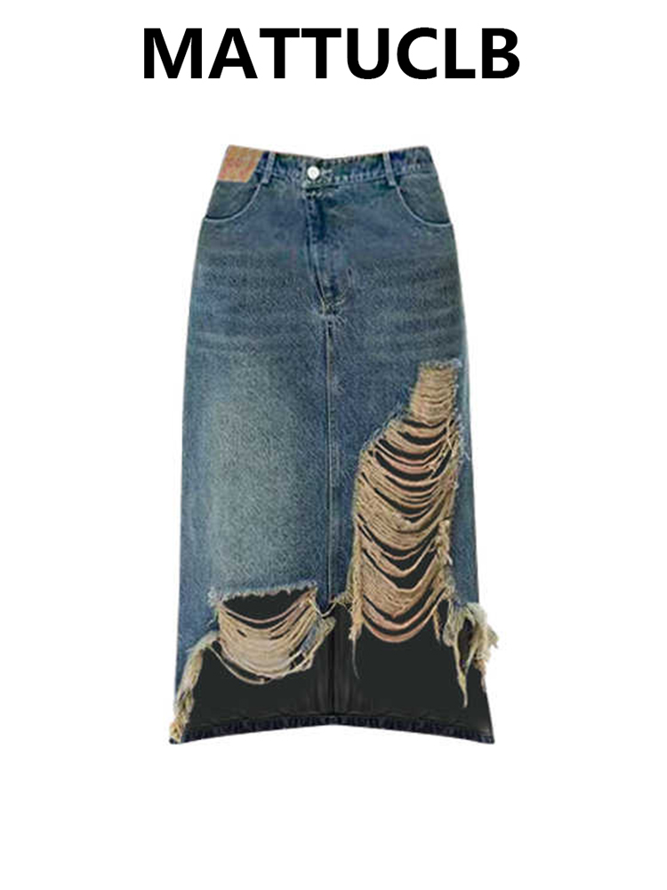 Street Fashion Kpop - Falda Midi de Mezclilla Rasgada para